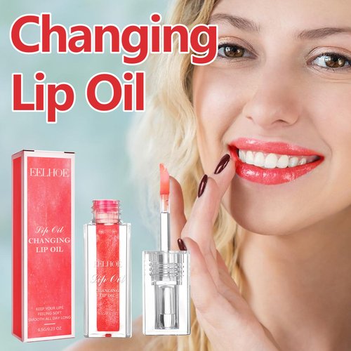Magic Color Changing Lip Oil V2, Big Brush Moisturizing Lip Glow Oil, Hydrating Lip Gloss Warm Change Moisturizing Lip Gloss, Long Lasting & Nourishing Lip Glow Oil Non-sticky Primer Lip Tint (Red)