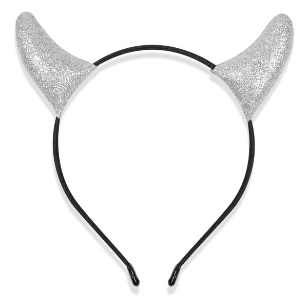 MUKOSEL Glitter Devil Horns Headband, Mike Headband Devil Costume Accessories for Women Men, Silver White Horns Devil Ears Headband Halloween Cosplay Dress up (Silver)
