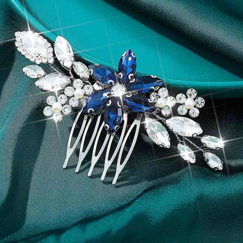 Unicra Silver Crystal Hair Comb Rhinestone Bridal Wedding Hair Pieces Flower Hair Accessories for Women and Brides (Blue)