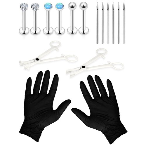 Vsnnsns Lip Piercing Kit 6 Pieces 16G Stainless Steel Lip Piercing Jewelry Piercing Needles and Piercing Clamp CZ Opal Lip Rings Barbell Body Piercing Jewelry Tools Silver