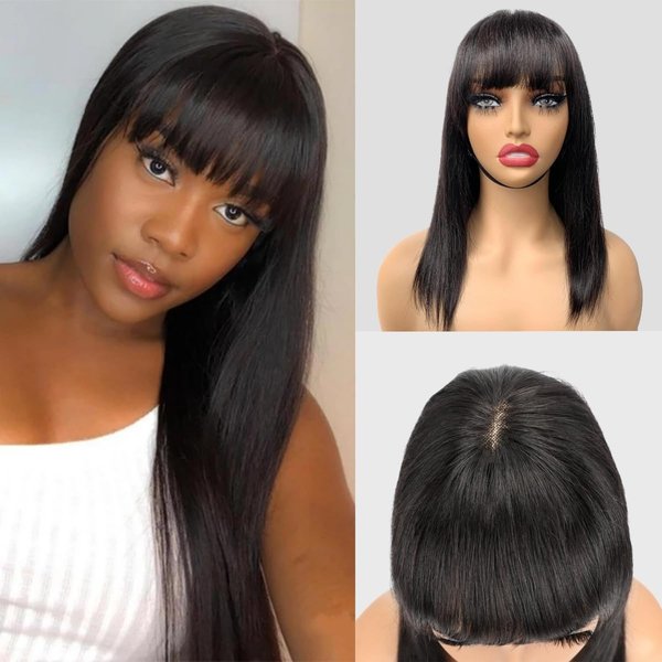 DreamPack 14 Inch Yaki Straight Bob Wig with Bangs Human Hair Realistic HD Lace Short Black Bob Wigs, Ready to Go Blunt Cut Bob Wig Glueless 1x2.5 Lace Bob Wigs Natural Black for Women