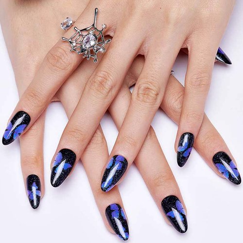 GLAMERMAID Press on Nails Almond,Black Gel False Nails with Butterfly Design,24 PCS Glue on Nails,Reusable Acrylic Stick on Nails Tips Manicure Set for Women,Night Butterfly