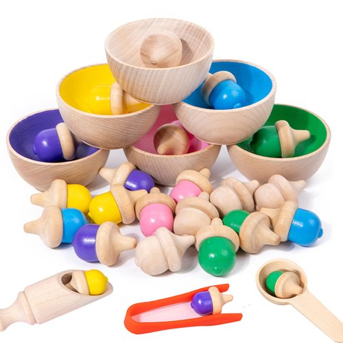 Color Sorting Toys for Toddlers, Wooden Acorns Counting Toys with Bowls Tweezer Spoon Color Learning Activities Teaching Toy Color Matching Game Montessori Toys Gift for Kids Boys Girls