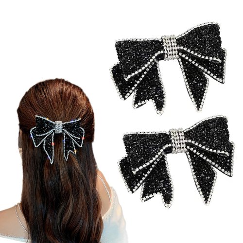 Crystal Bow Hair Clips, 2PCS Rhinestone Hair Bows for Women Girls,Sparkling Crystal Stone Bride Hair Clips Black Bows Hair Accessories for Party Prom Gift