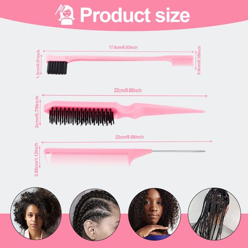 SWEET VIEW Hair Brush Set, 3 Pcs Slick Back Hair Bristle Brush, Rat Tail Comb, Edge Brush for Smoothing Baby Hair & Flyaways - Pink