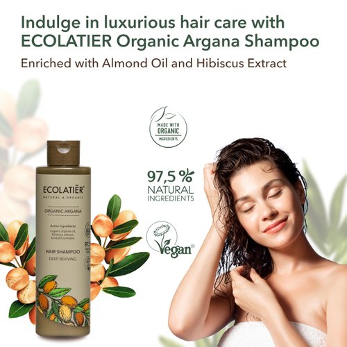 Natural Shampoo with Organic Argan Oil - 98.6% Natural ingredients - Deep Revival, Vegan organic shampoo - Almond Oil & Hibiscus Extract for Revitalized, Luscious Locks - ECOLATIER 8.5 Fl Oz / 250ml
