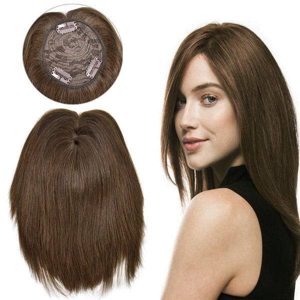 100% Real Human Hair Clip In Bangs Top Piece Hair Extensions 13" Straight Hair Topper Hairpiece for Women (2# Darkest Brown)