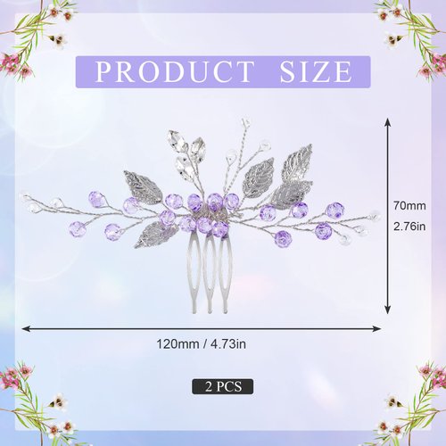 PAGOW 2PCS Leaf Hair Combs, Purple Rhinestone Hair Comb Clips, Hair Side Comb Clips, Crystal Wedding Headpiece Hair Accessories For Women, Girls, Bride, Bridesmaid (4.73 x 2.76 inch)
