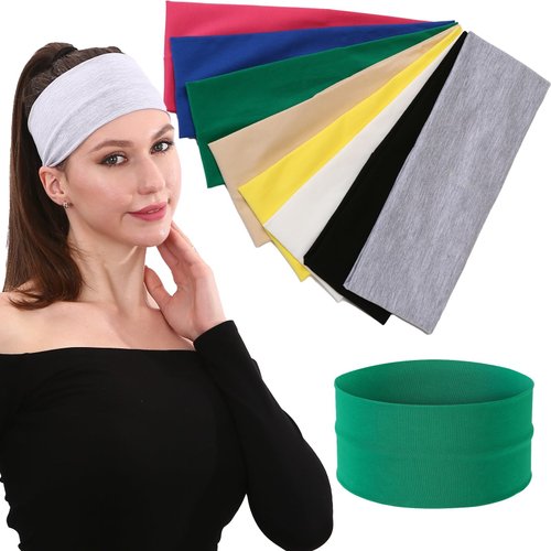 LONEEDY 8PCS Workout Yoga High Elastic Wide Headbands for Women,Soft Cotton Stretchy Non Slip Sports Hair Bands for Girls (8PCS(Cotton), One Size)
