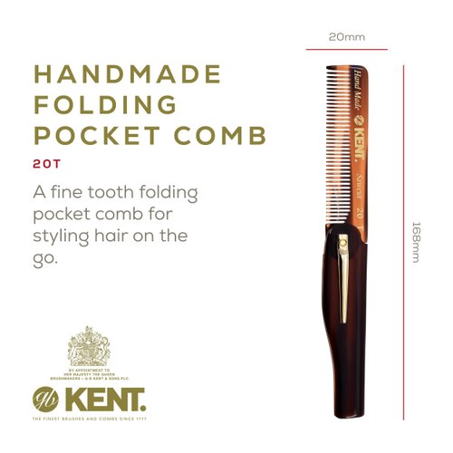 Kent 20T Handmade Folding Pocket Comb for Men, Fine Tooth Hair Comb Straightener for Everyday Grooming Styling Hair, Beard or Mustache, Use Dry or with Balms, Saw Cut Hand Polished, Made in England