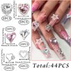 RODAKY 44PSC Pink Nail Charms Valentine's Day 3D Heart Charms with Rhinestone Silver Heart Nail Art Jewelry Shiny Nail Decoration Accessories for Women and Girls
