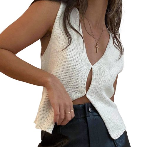 Mioliknya Women Vintage Crochet Vest Tank Top Y2k Sleeveless V Neck Knit Open Front Crop Top Streetwear (A-White, L)