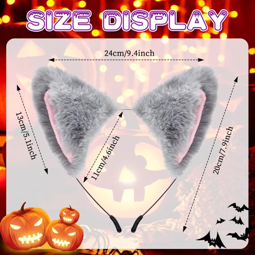 Cat Fox Ears Headband for Women Girls Halloween Cosplay Cat Costume Faux Fur Hair Accessories for Adult Kids (Gray & Pink)