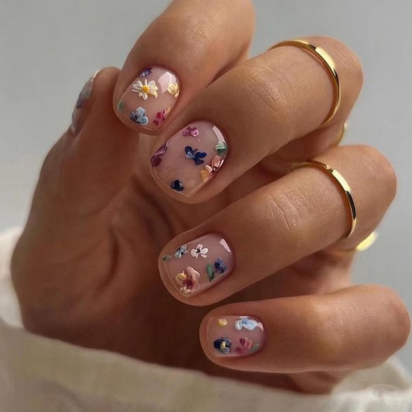 Floral Fake Nails Extra Short Square Press on Nails Summer Pink Glossy False Nails Design Acrylic Nails Reusable Press on Nails Fake Nails Fully Cover Stick on Nails for Women and Girls