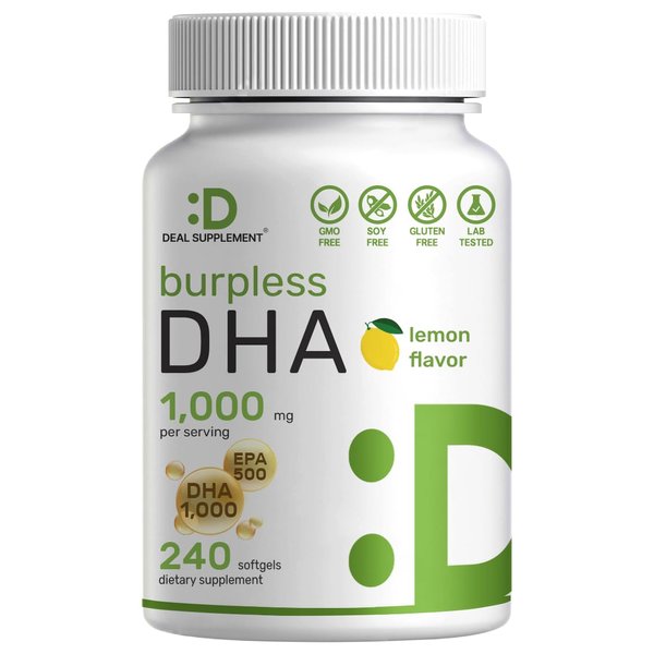 DHA Supplements | 240 Softgels, Burpless, Lemon Flavor, DHA 1000mg + EPA 500mg, Wild Caught Fish