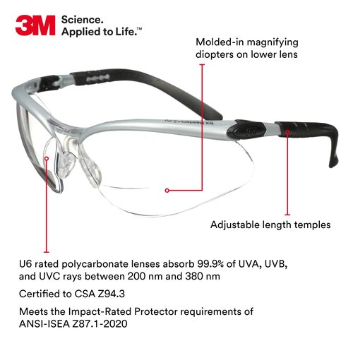3M Safety Glasses with Readers, BX, +2.0, ANSI Z87, Anti-Fog Anti-Scratch Clear Lens, Silver Frame, Adjustable Length Temples and Lens Angle