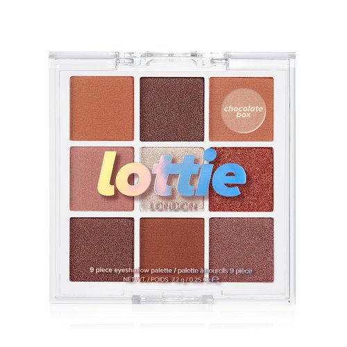 Lottie London Lottie Palette in Chocolate Box, 9 shade compact eyeshadow palette in golden brown tones and neutral shades in a mix of creamy mattes and sparkling shimmers