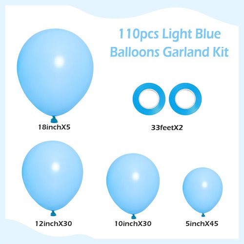 FOTIOMRG 110pcs Light Blue Balloon Garland Arch Kit, 18 12 10 5 inch Light Blue Latex Balloons Different Sizes Pack for Birthday Graduation Baby Shower Gender Reveal Party Wedding Decorations