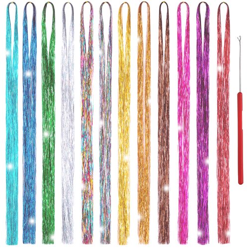 Hair Tinsel Kit 12 Colors, 2500 Strands 48 Inches Sparkling Tinsel Hair Extensions with Tool, Fai...