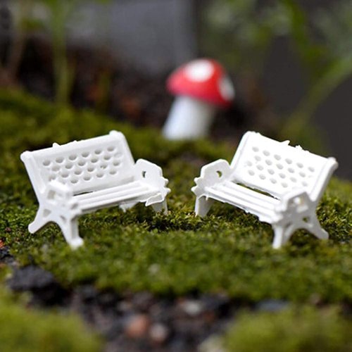 Miniature Park Bench Set, 2 Pcs White, Mini Garden Ornaments, Park Street Seats Bench Chairs Kit for Dollhouse Decor, Fairy Garden Decorations Furniture