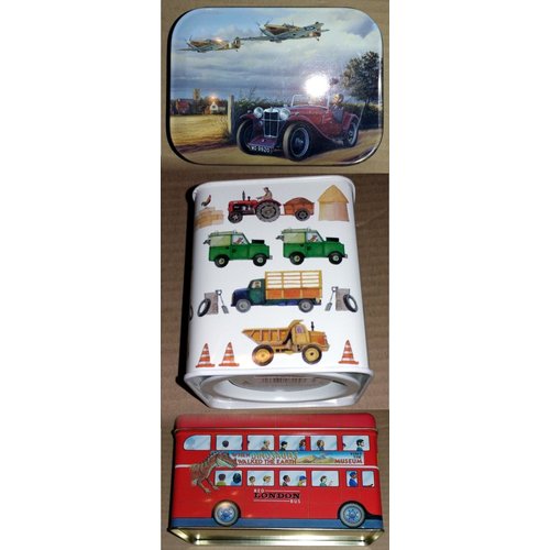 3 Piece set of Antique Transportation Themed Tins Cannisters Coin Bank {jg} GREAT FOR MOM, SISTER, AUNT, COUSIN, GRANDCHILDREN, GRANDMA AND RELATIVES.