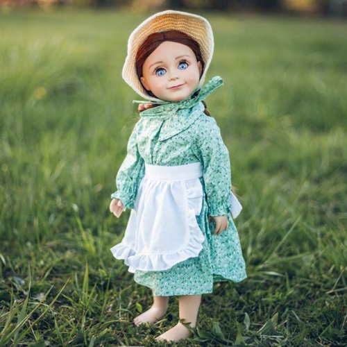 The Queen's Treasures 18 Inch Doll Clothes, Licensed Little House On The Prairie Green Calico Dress with Apron and Straw Bonnet, Compatible for Use with American Girl Dolls