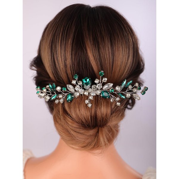 Teyglen Bride Crystal Wedding Hair Comb Green Rhinestone Bridal Side Comb Wedding Hair Accessories Teardrop Crystal Hair Piece Rhinestone Headpiece for Women Bride Girls (Silver-Green)