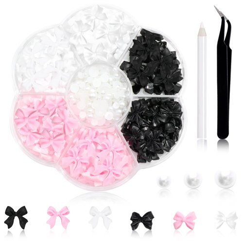 300Pcs Bow Nail Charms and Flatback Pearls,Black White Pink Bowknot 3D Cute Nail Charms for Acryl...