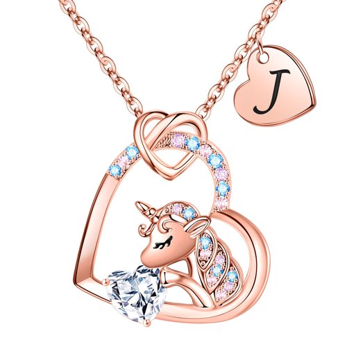 Unicorns Gifts for Girls, Initial Necklaces for Women Girls Rose Gold Plated Heart Necklace Unicorn Necklaces for Girls Teen Girls Unicorn Jewelry for Girls J Initial Necklaces Unicorns Gifts for Girls
