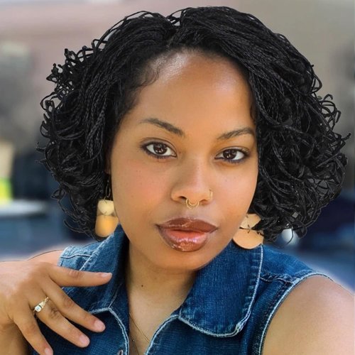 Lady Hanne Micro Twist Braided Double Full Lace Wigs for Black Women Mini Braid Wig with Baby Hair Short Curly Box Braid Lace Synthetic Black Hair
