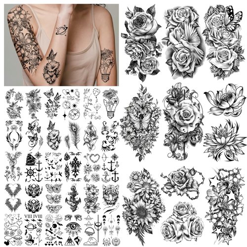 40 Sheets Temporary Tattoo for Women Girls, 10 Sheets Half Arm Flowers Rose Butterfly Fake Tattoos, 30 Sheets Mix Style Tiny for Adults Kids Body Tattoos Stickers Waterproof Realistic Long Lasting