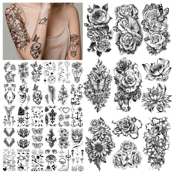 40 Sheets Temporary Tattoo for Women Girls, 10 Sheets Half Arm Flowers Rose Butterfly Fake Tattoos, 30 Sheets Mix Style Tiny for Adults Kids Body Tattoos Stickers Waterproof Realistic Long Lasting