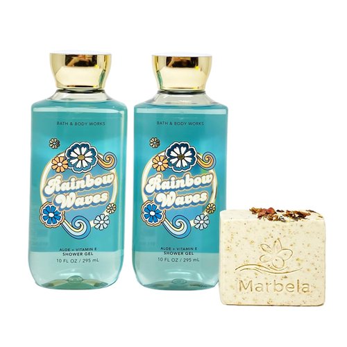 Bath & Body Works Rainbow Waves Aloe + Vitamin E Shower Gel Value Pack with a Creamy Rose Bar Soap - Full Size