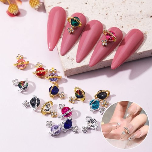 Planet Nail Charms, 54 Pcs 3D Nail Rhinestones Shiny Silver Saturn Shape, Nail Art Nail Gems Diamond Crystals Luxury Jewelry Nail Alloy Studs Nail Decoration Supplies for Acrylic Nails DIY (9 Colors)