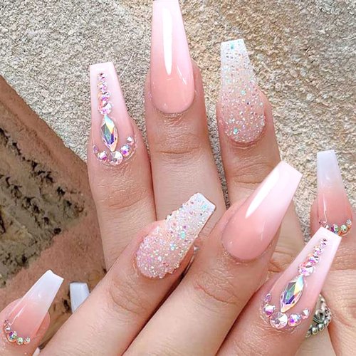 Glitter Gradient Pink Press on Nails Medium Ballerina Fake Nails Luxurious Crystal Gem Design False Nails with Glue on Nails Artificial Acrylic Nails Bling Square Stick on Nails for Women Girls