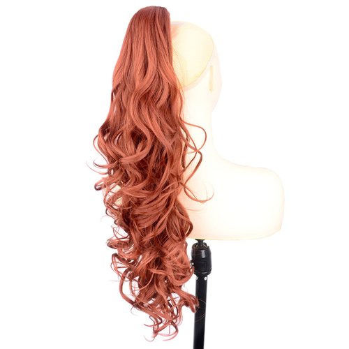 DIGUAN Claw Clip In Wavy Loose curly Synthetic Wrap Around Ponytail Extensions 24 Inches Pony Tail Clip In Extensions for Women Girl 7.4oz/210g (#Dark Orange)