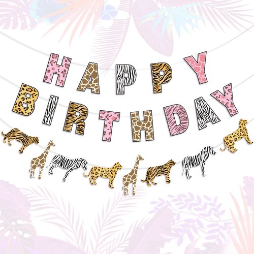 Safari Birthday Decorations Jungle Theme Party Supplies for Girl - Pink Cheetah Happy Birthday Banner, Animal Print Garland, Jungle Safari Animal Leopard Party Sign
