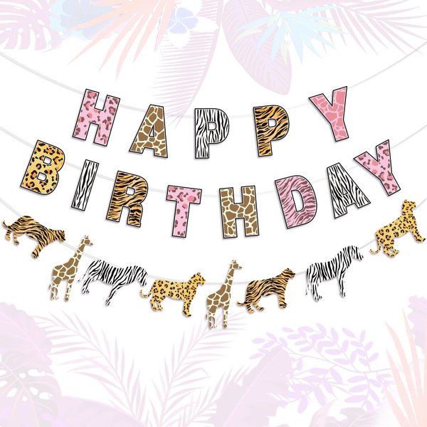 Safari Birthday Decorations Jungle Theme Party Supplies for Girl - Pink Cheetah Happy Birthday Banner, Animal Print Garland, Jungle Safari Animal Leopard Party Sign