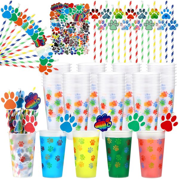 Lallisa 50 Pcs Party Favors Cups Reusable 16 oz Plastic Cups with Drinking Straws, Stickers, Party Pattern Cardboard Cards and Point Glue for Birthday Party Supplies(Dog Paw)