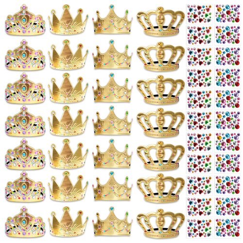 SENONAPO 50 Pcs Foam Crowns Kids Princess Tiaras Crowns Bulk with 2 Styles DIY Diamond Sticker Making Kits for Kids Birthday Party Supplies