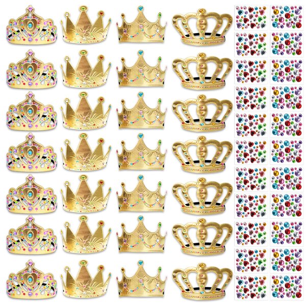 SENONAPO 50 Pcs Foam Crowns Kids Princess Tiaras Crowns Bulk with 2 Styles DIY Diamond Sticker Making Kits for Kids Birthday Party Supplies
