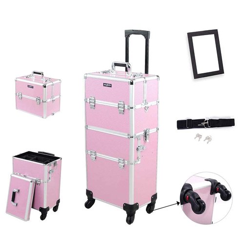 mefeir 2 in 1 Rolling Makeup Train Case, Travel Makeup Organizer Cosmetic Display Case, Aluminum Cosmetology Supply Suitcase on Wheels, Beauty Storage Luggage Lockable w/4 Removable Wheels (Pink)