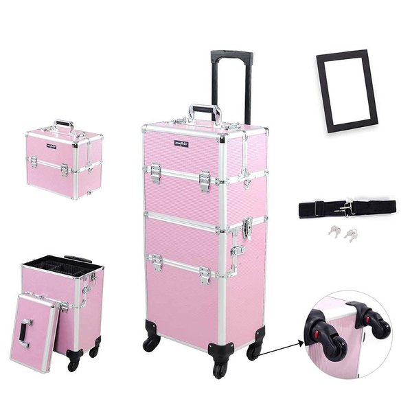 mefeir 2 in 1 Rolling Makeup Train Case, Travel Makeup Organizer Cosmetic Display Case, Aluminum Cosmetology Supply Suitcase on Wheels, Beauty Storage Luggage Lockable w/4 Removable Wheels (Pink)