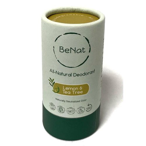 BeNat All Natural Deodorant Plastic Free For Women & Men Aluminum Free, Gluten Free & Cruelty Free 24 Hour Long Lasting Protection Zero Waste Eco Friendly Lemon & Tea Tree 3 oz.