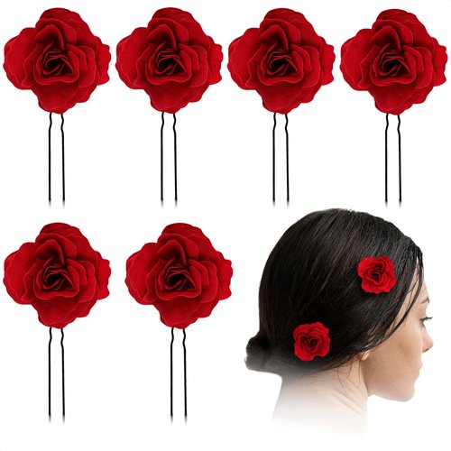 6Pcs Red Rose Hair Clip - Red Flower Hair Clip Red Hair Accessories for Women Red Flower for Hair Rose Clips for Hair Red Flower Pins for Hair - Red Flower Hair Accessories for Women Red Rose for Hair
