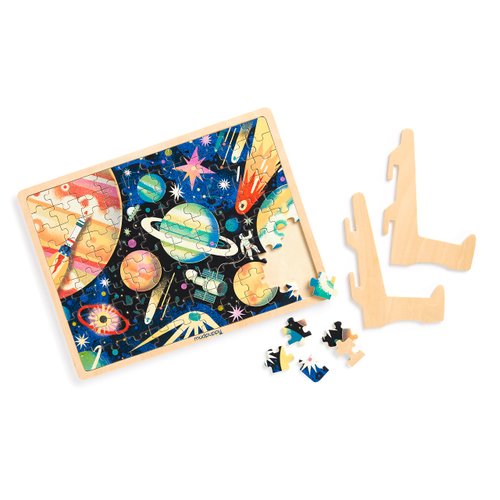 Mudpuppy Space Mission – 100 Piece Wooden Puzzle and Display Stand for Room Decor with Bright and Bold Illustrations of Outerspace for Kids