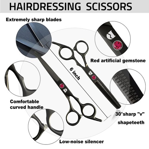Professional Hair Cutting Shears Set,6 Inch Barber hair Cutting Scissors Thinning Shears Sharp Blades Hairdresser Haircut For Women/Men/kids 420c Stainless Steel Rainbow Color (Black)
