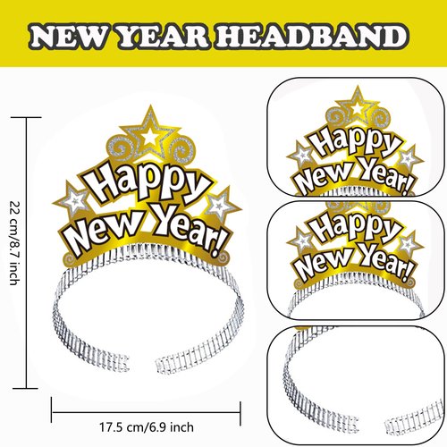 Cotiny 12 Pack Paper Happy New Year Headbands Golden New Year Party Hats for Kids and Adults New Year Party Supplies (Color Style 1)