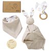 LUCOI Organic Cotton Baby Gift Set - 4-Piece Muslin Bunny Lovey Security Blanket, Teether Ring, Bandana Bib & Wooden Announcement Card - Gender Neutral Newborn Gifts, Welcome Baby Box, Baby Loveys