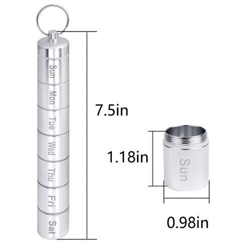FAYALA Pill Disperser Waterproof 7 Days Pill Holder Travel Pill Container Portable Medicine Keychain Daily Airtight Pill Organizer（Silver)